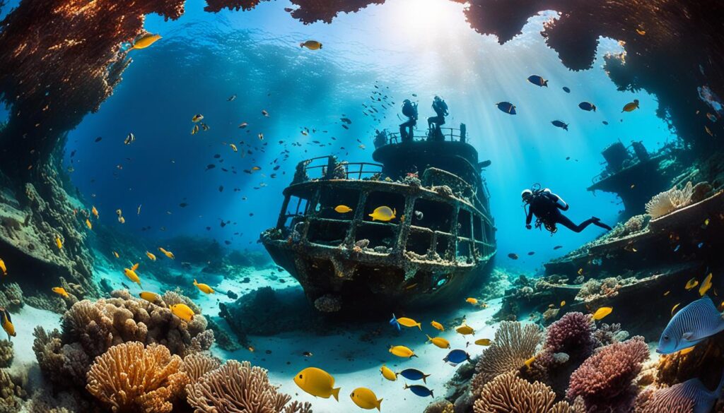 Divers exploring a shipwreck in Mauritius