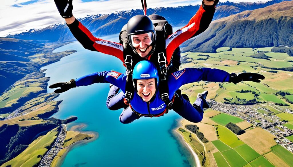 Skydivers over stunning New Zealand landscape