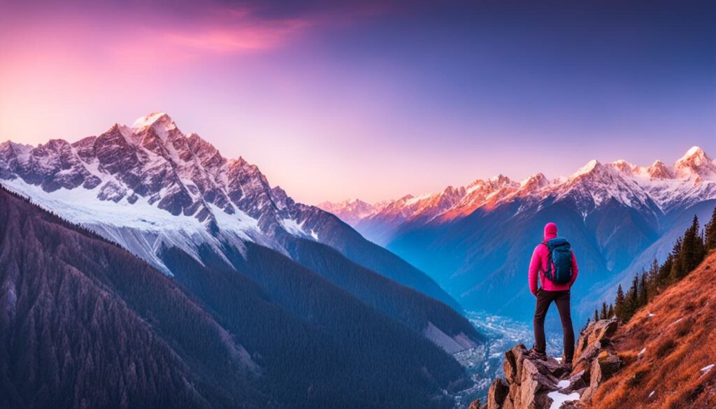Trekker overlooking the scenic beauty of Manali